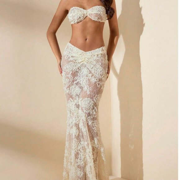 Sheer Embroidered Lace Twist Top, Midi Skirt Vacation set XS - Picture 2 of 3